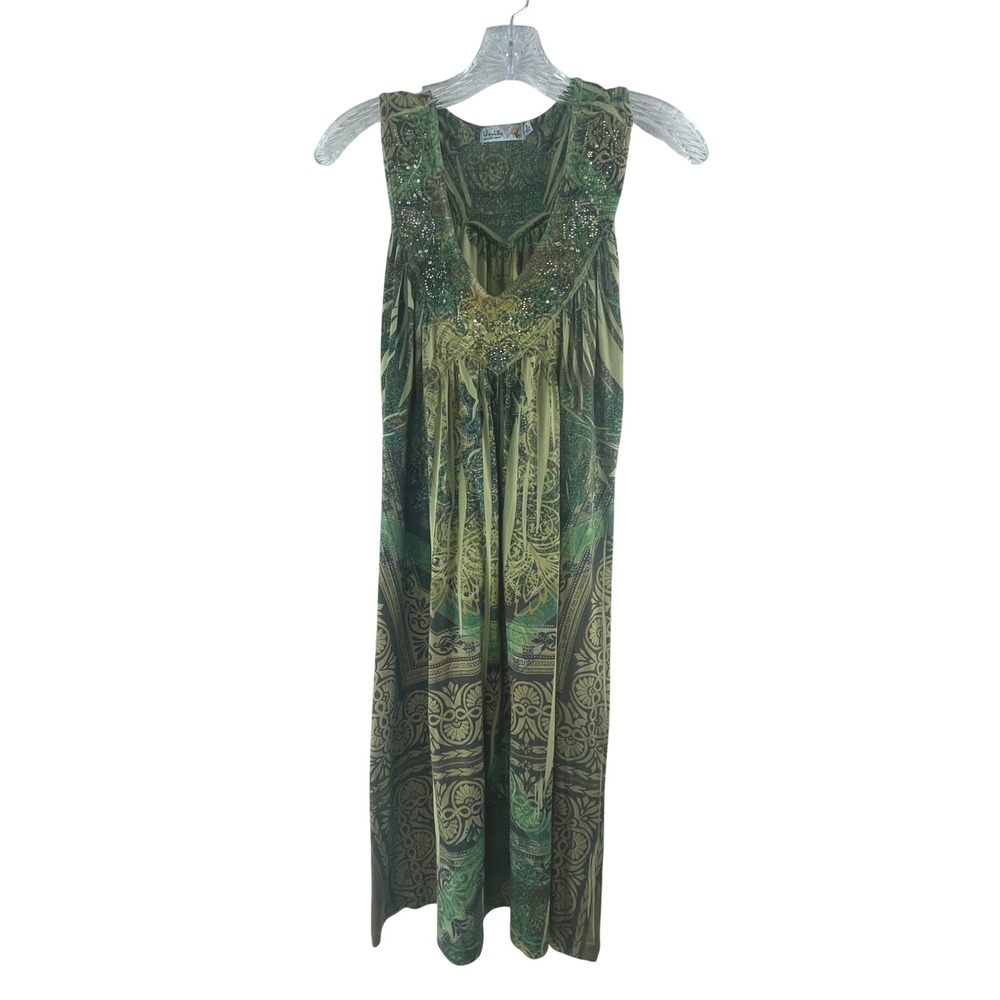 Unity World Wear Paisley Embellished Boho Midi Dress Size Medium Green Bohemian
